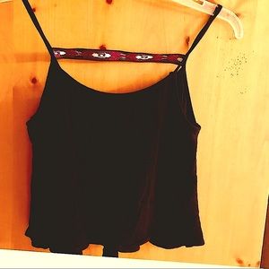 BEAR DANCE BLACK FLOWY CROP TANK WITH TRIBAL TRIM